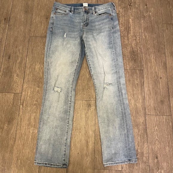 J Crew Jeans Womens Sz 27 Blue Denim Light Wash Straight Leg Distressed Stretch - Picture 1 of 7